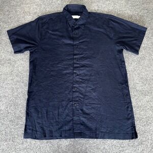 Onia Mens‎ Linen Blend Short Sleeve Button Up Shirt Casual Blue Medium M